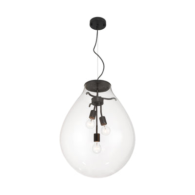 Drop 3-light Pendant in Matte Black and Clear Glass, view from below - Golden Lighting