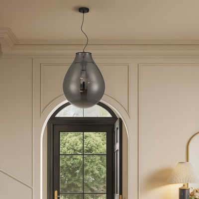 Drop 3-light Pendant in Matte Black and Smoke Plated Glass, shown in a room setting - Golden Lighting