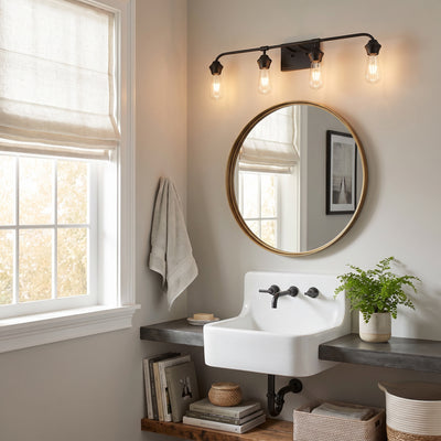 Ormond 4-light Vanity in Matte Black, AI-visualized powder room scene - Golden Lighting