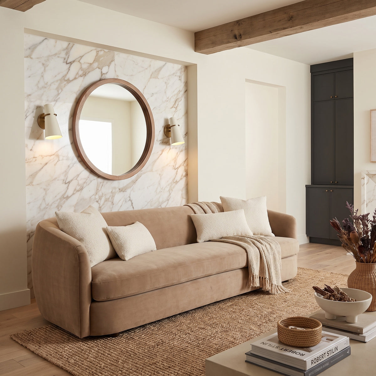 Reeva 1-light Wall Sconce in Modern Brass and Glossy Ecru shade, AI-visualized living room scene - Golden Lighting