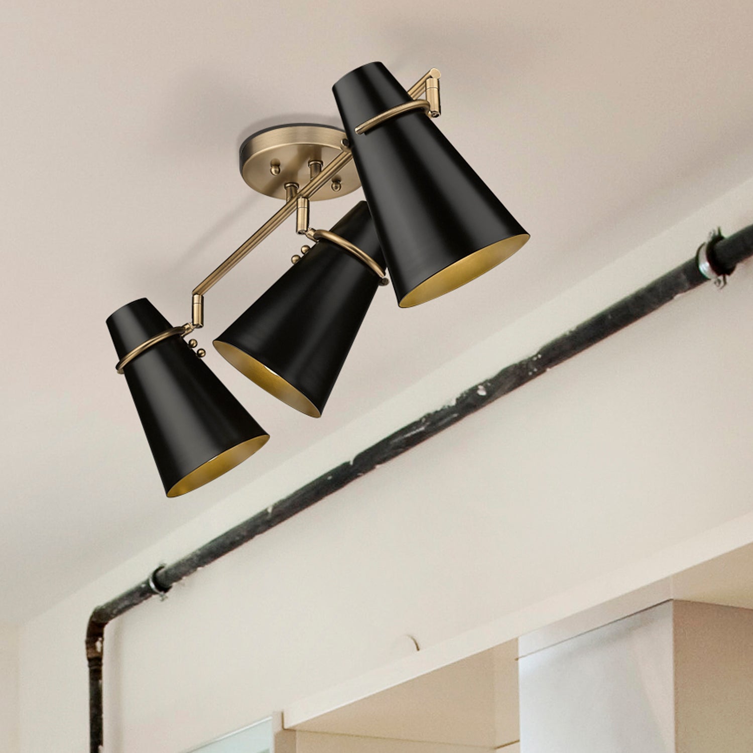 Golden Lighting Reeva 3-light Semi-Flush Mount in Modern Brass and Matte Black shade - - Golden Lighting