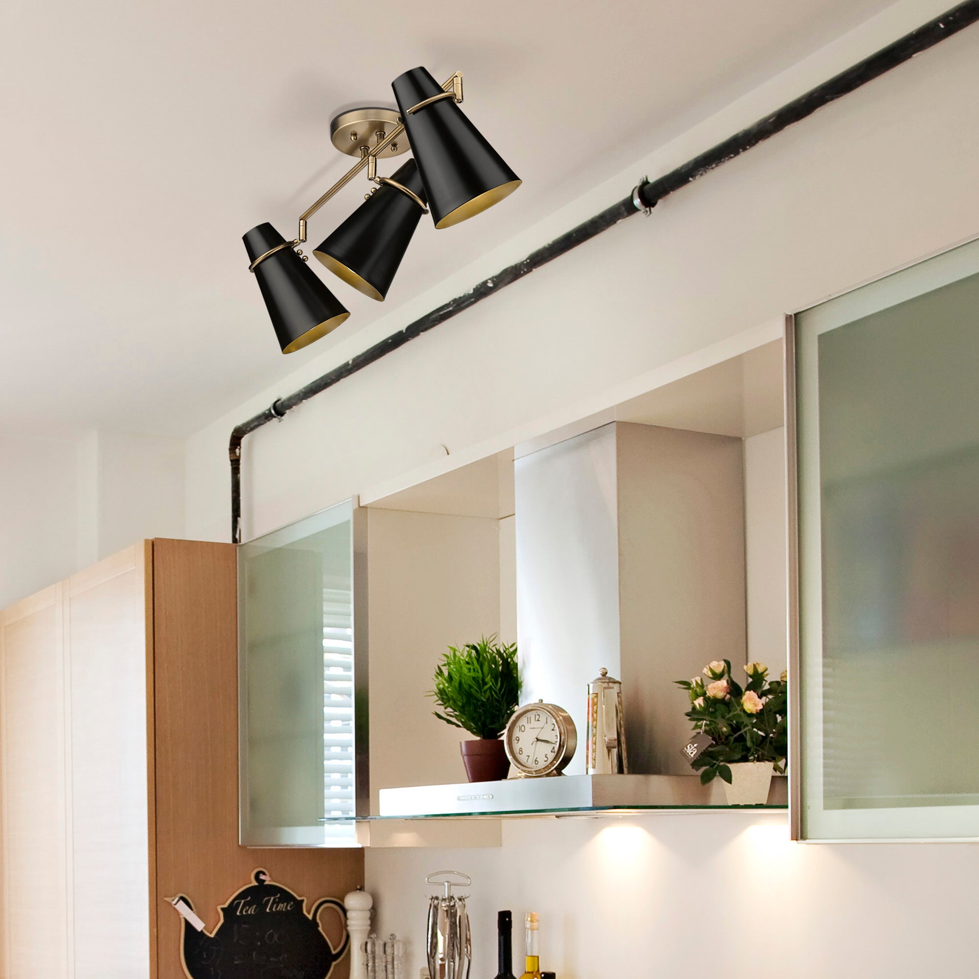 Reeva 3 Light Semi-Flush in Modern Brass with Matte Black Shade - Default Title - Golden Lighting