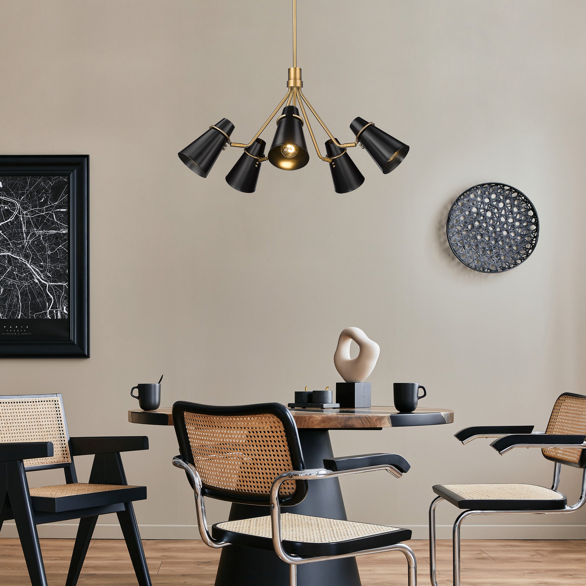 Reeva 5 Light Chandelier in Modern Brass with Matte Black Shade - Incandescent,Type A / 5 x 100W(M) / 27.375"L x 27.375"W x 18.375"H - Golden Lighting