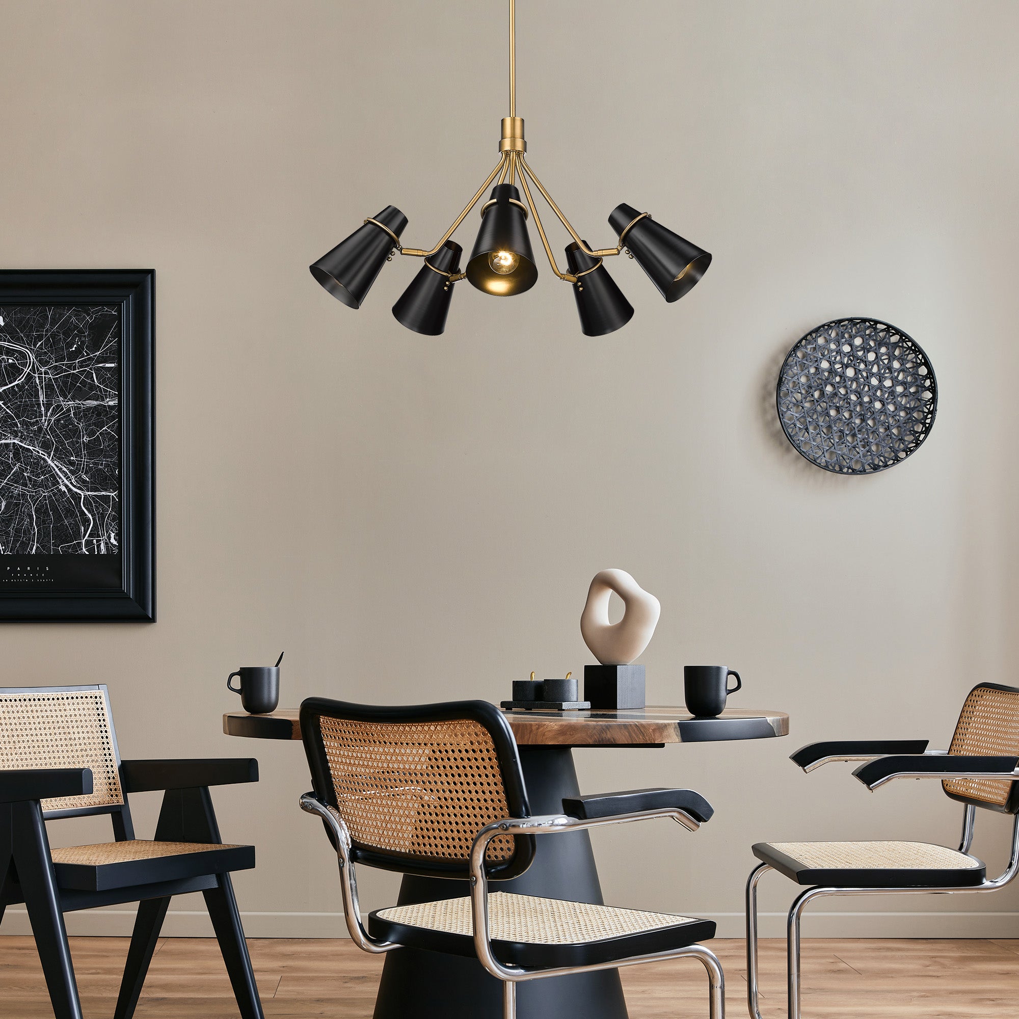 Reeva 5 Light Chandelier in Modern Brass with Matte Black Shade - Default Title - Golden Lighting