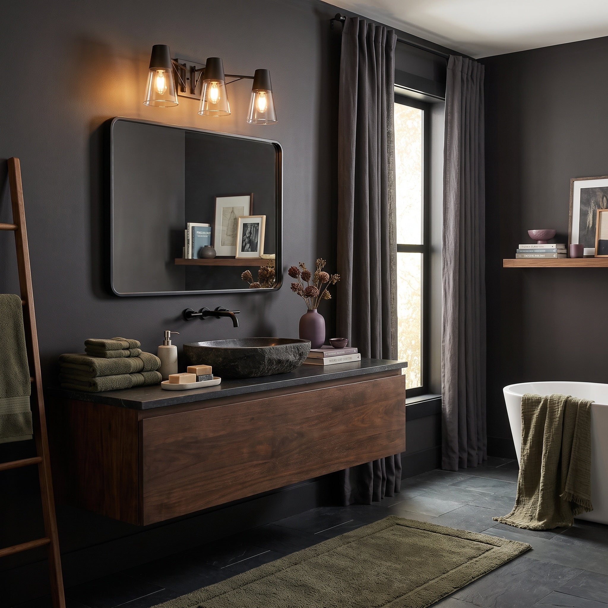 Ryker 3-light Vanity in Matte Black, AI-visualized bathroom scene - Golden Lighting