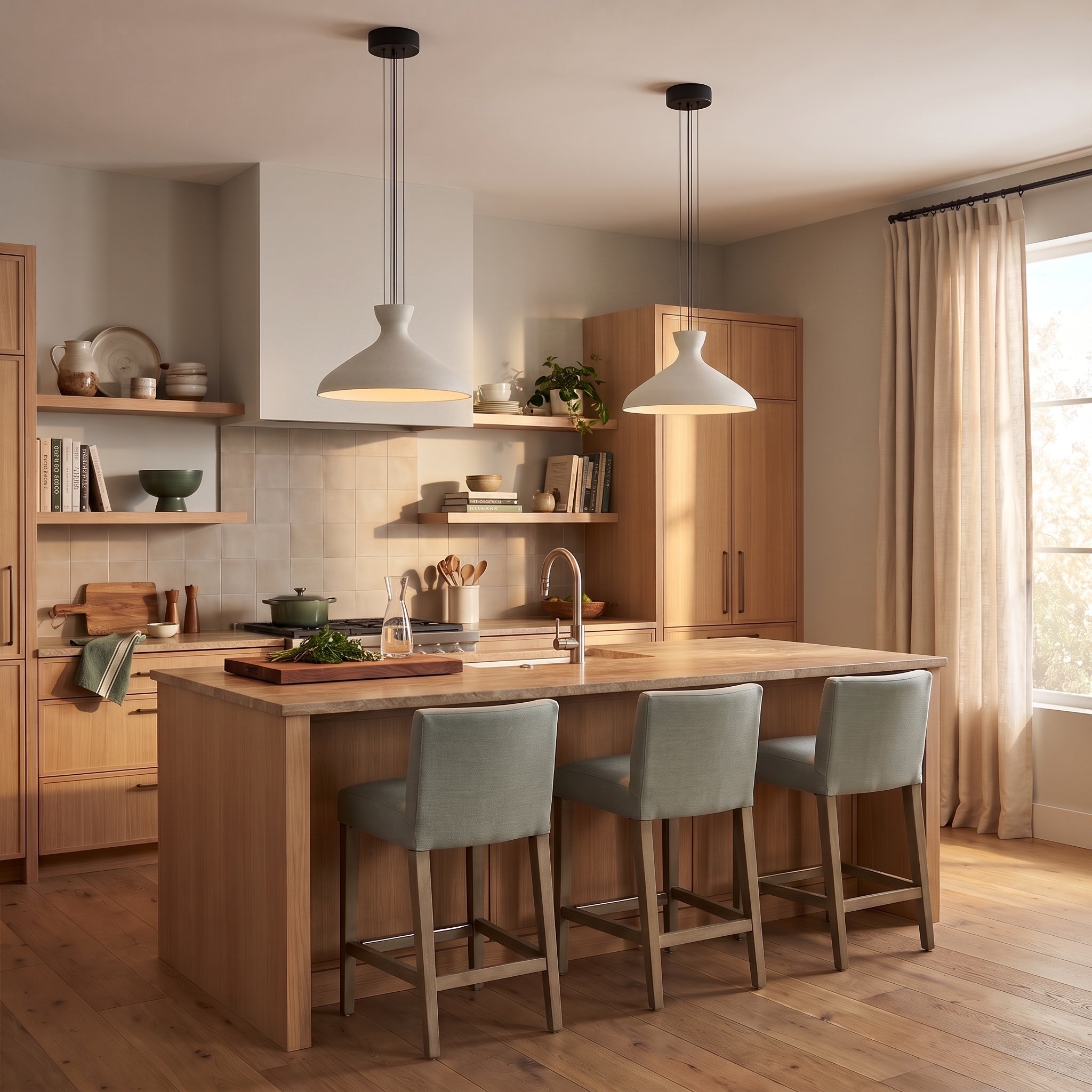 Aethera 1-light Pendant in Matte Black, AI-visualized kitchen scene - Golden Lighting