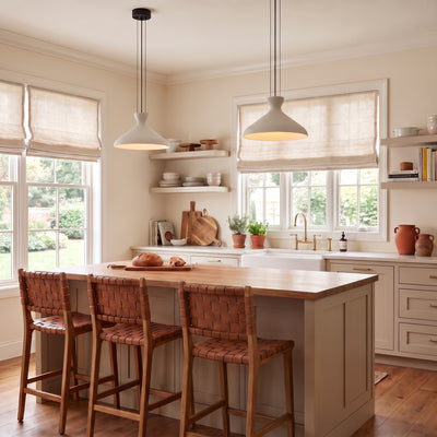 Aethera 1-light Pendant in Matte Black, AI-visualized kitchen scene - Golden Lighting