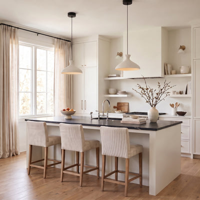 Aethera 1-light Pendant in Matte Black, AI-visualized kitchen scene - Golden Lighting
