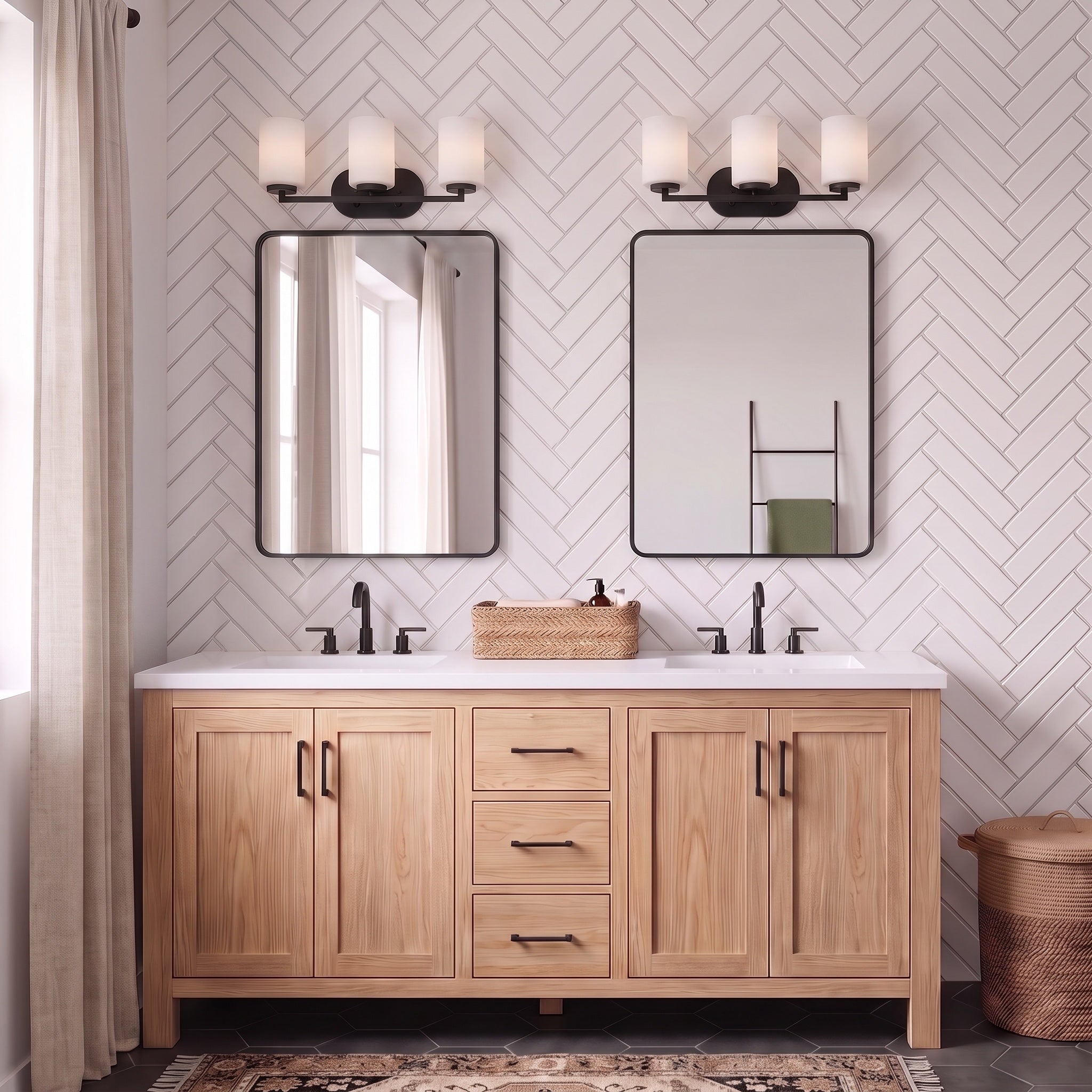 Manhattan 3-light Vanity in Matte Black, AI-visualized bathroom scene - Golden Lighting