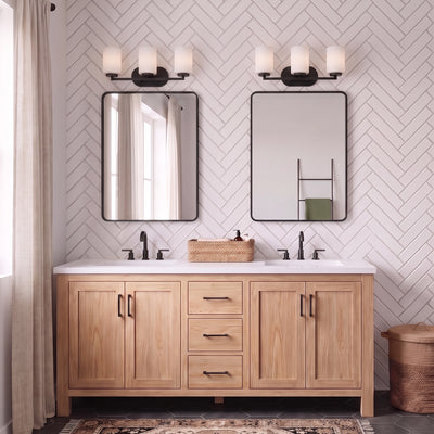 Manhattan 3-light Vanity in Matte Black, AI-visualized bathroom scene - Golden Lighting