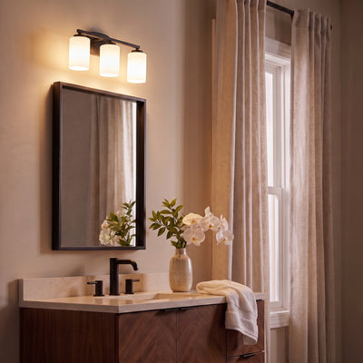 Manhattan 3-light Vanity in Matte Black, AI-visualized bathroom scene - Golden Lighting