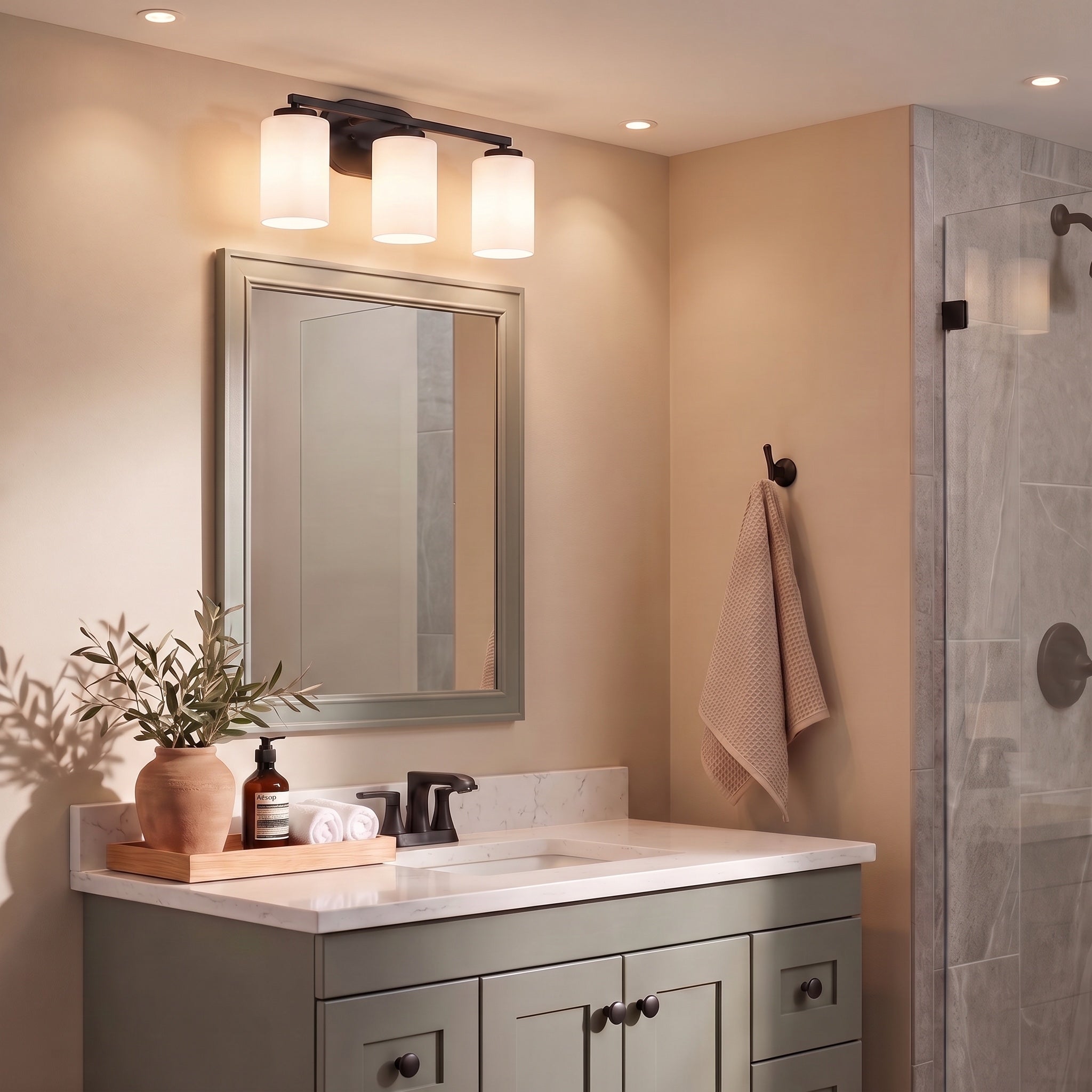 Manhattan 3-light Vanity in Matte Black, AI-visualized powder room scene - Golden Lighting