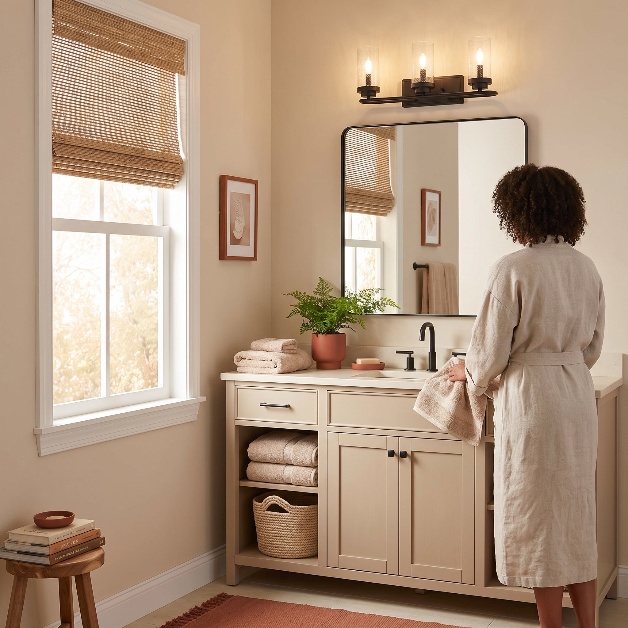 Holden 3-light Vanity in Matte Black, AI-visualized powder room scene - Golden Lighting