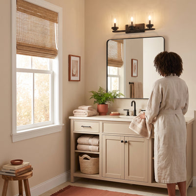 Holden 3-light Vanity in Matte Black, AI-visualized powder room scene - Golden Lighting