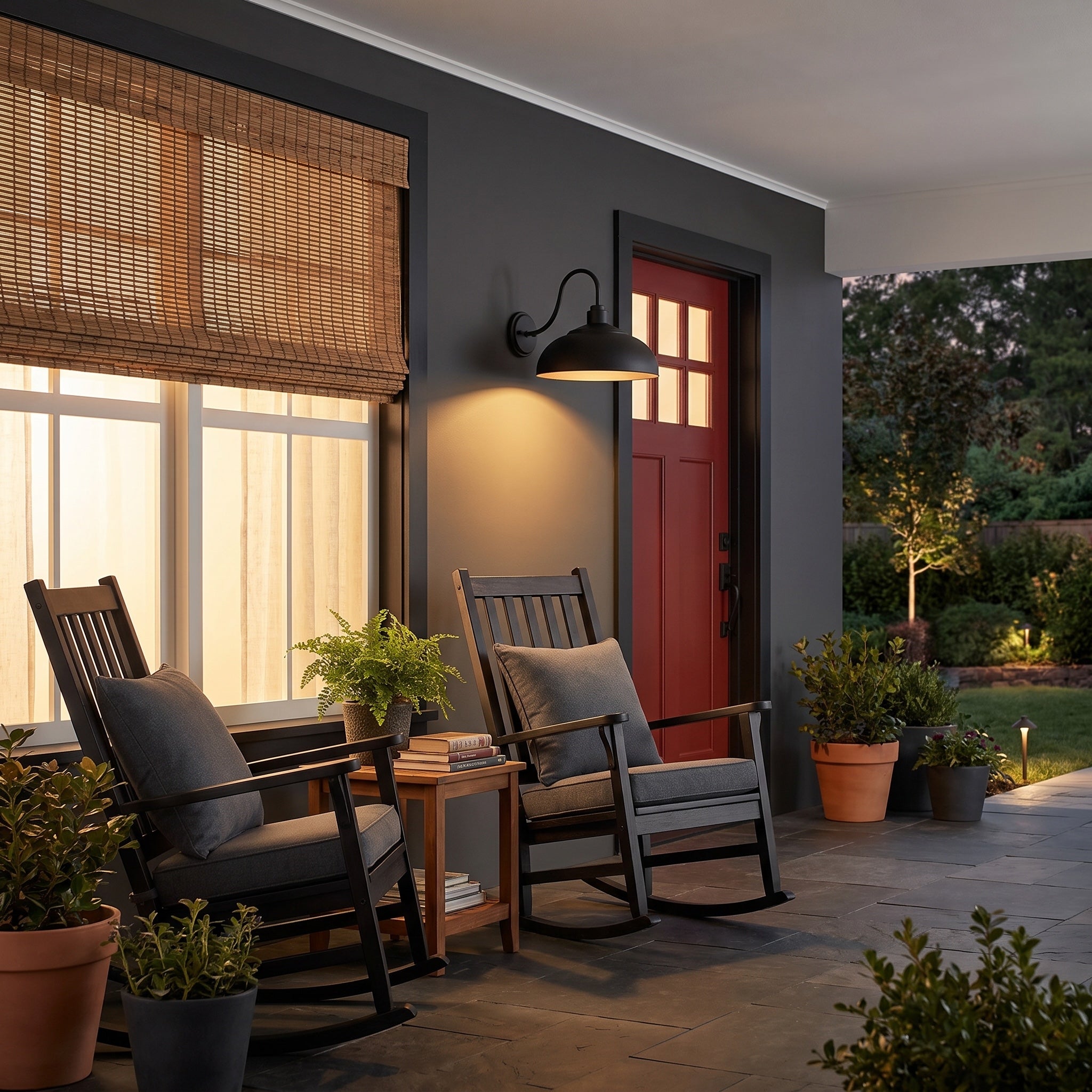 Levitt 1-light Outdoor Wall in Natural Black and Natural Black shade, AI-visualized room scene - Golden Lighting