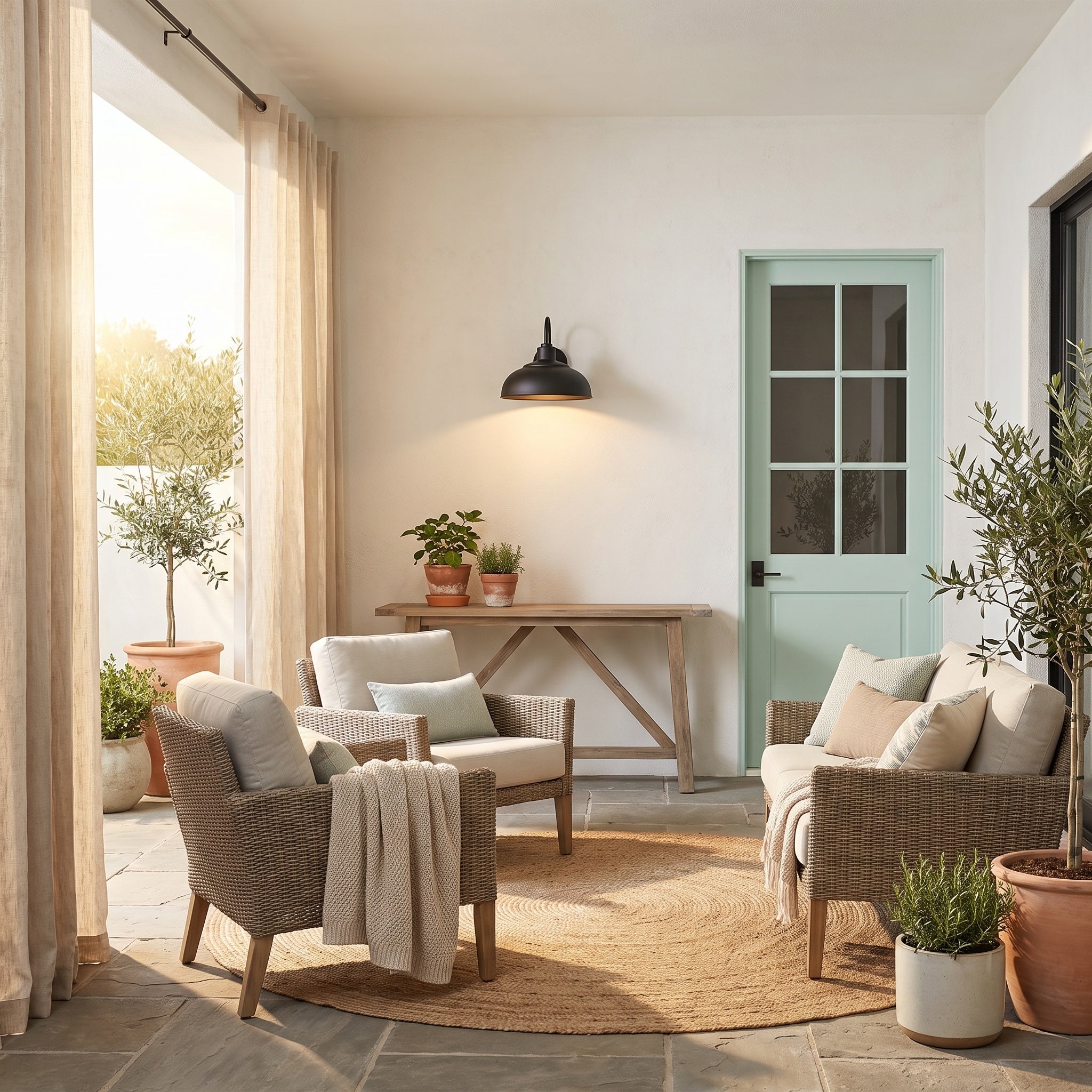 Levitt 1-light Outdoor Wall in Natural Black, AI-visualized patio scene - Golden Lighting