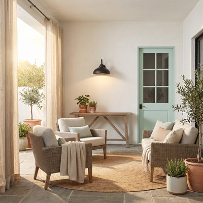 Levitt 1-light Outdoor Wall in Natural Black, AI-visualized patio scene - Golden Lighting