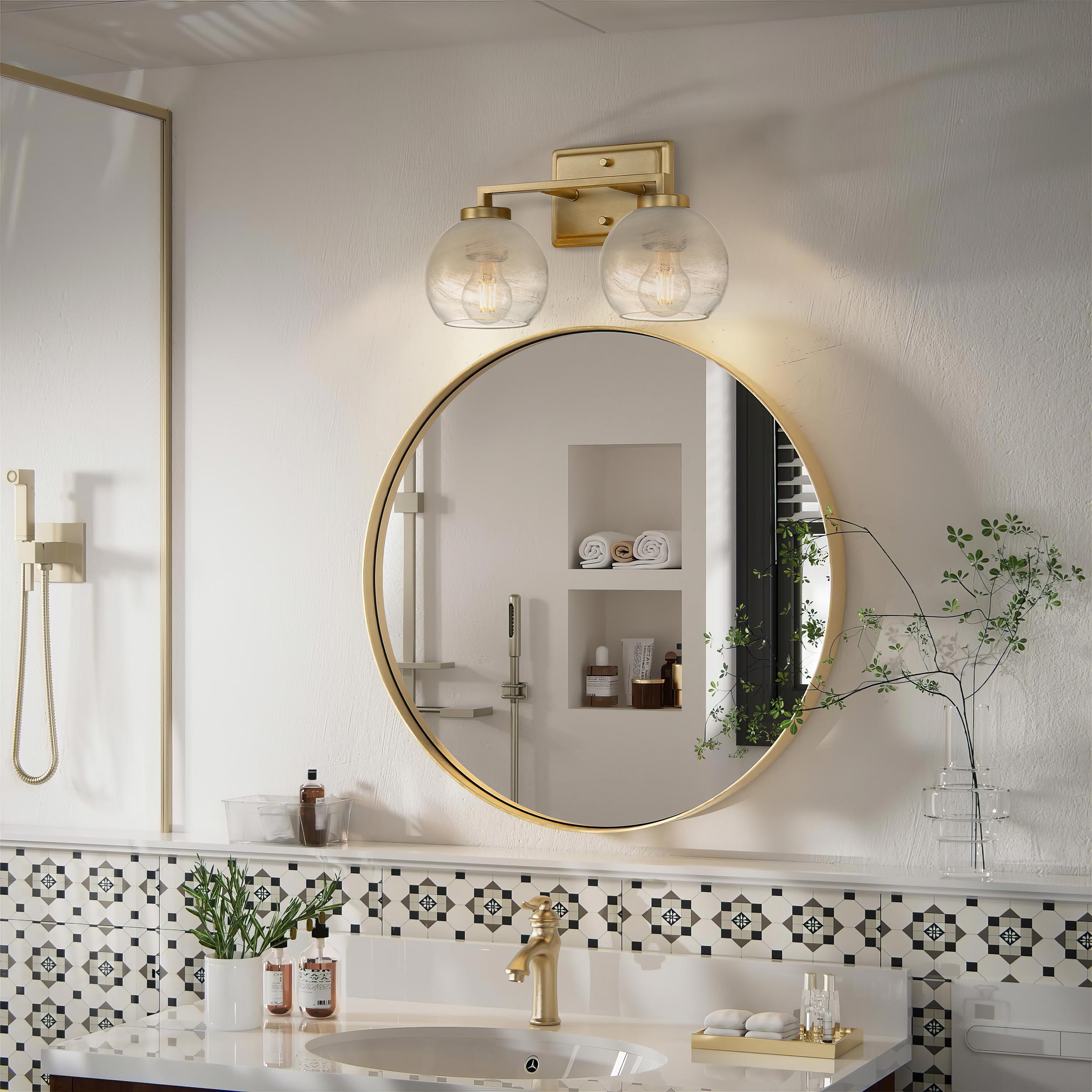 Yep by Golden Lighting Elliott 2-light Vanity in Brushed Champagne Brass and Clear Alabaster Glass