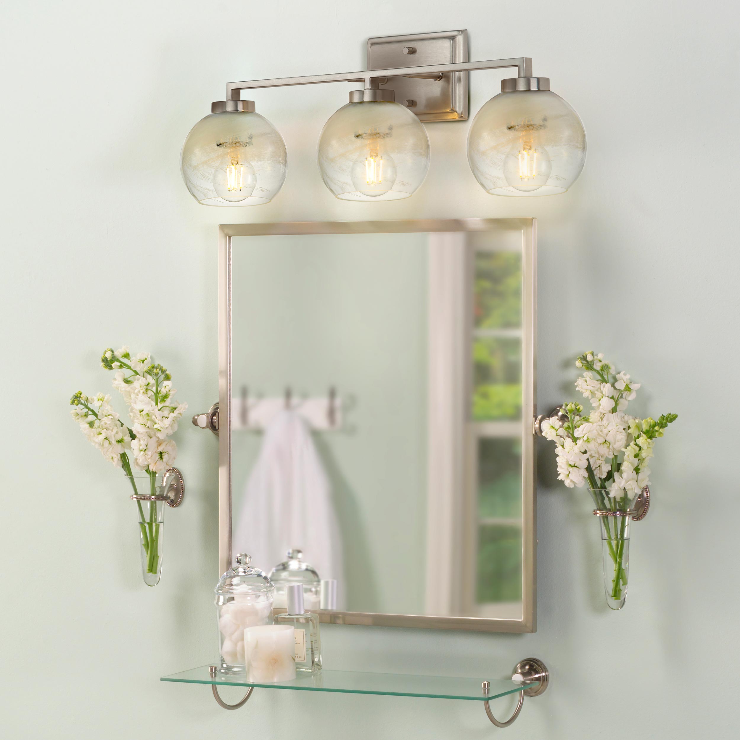 Yep by Golden Lighting Elliott 3-light Vanity in Pewter and Clear Alabaster Glass