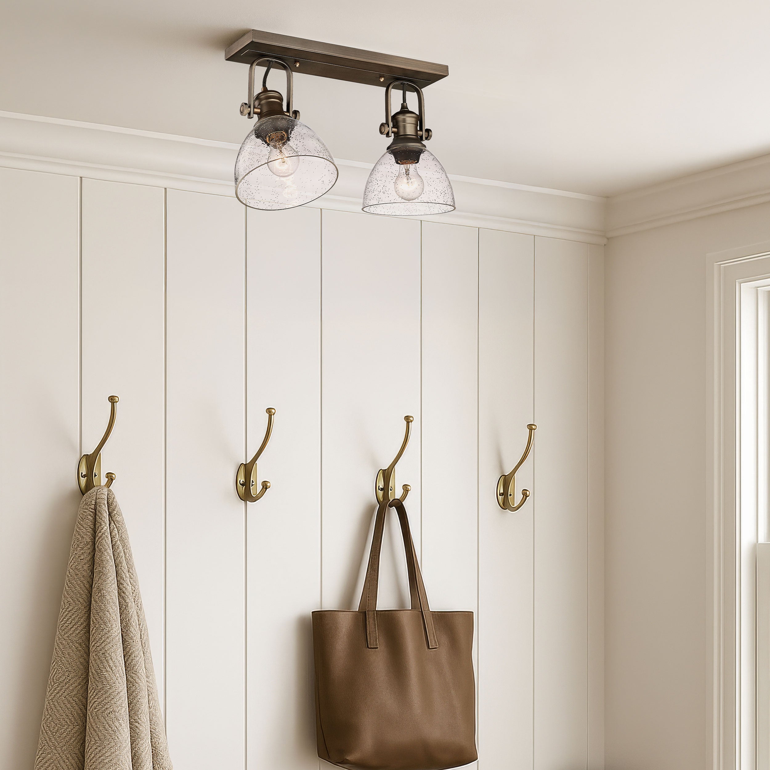 Yep by Golden Lighting Hines 2-light Semi-Flush Mount in Rubbed Bronze and Seeded Glass