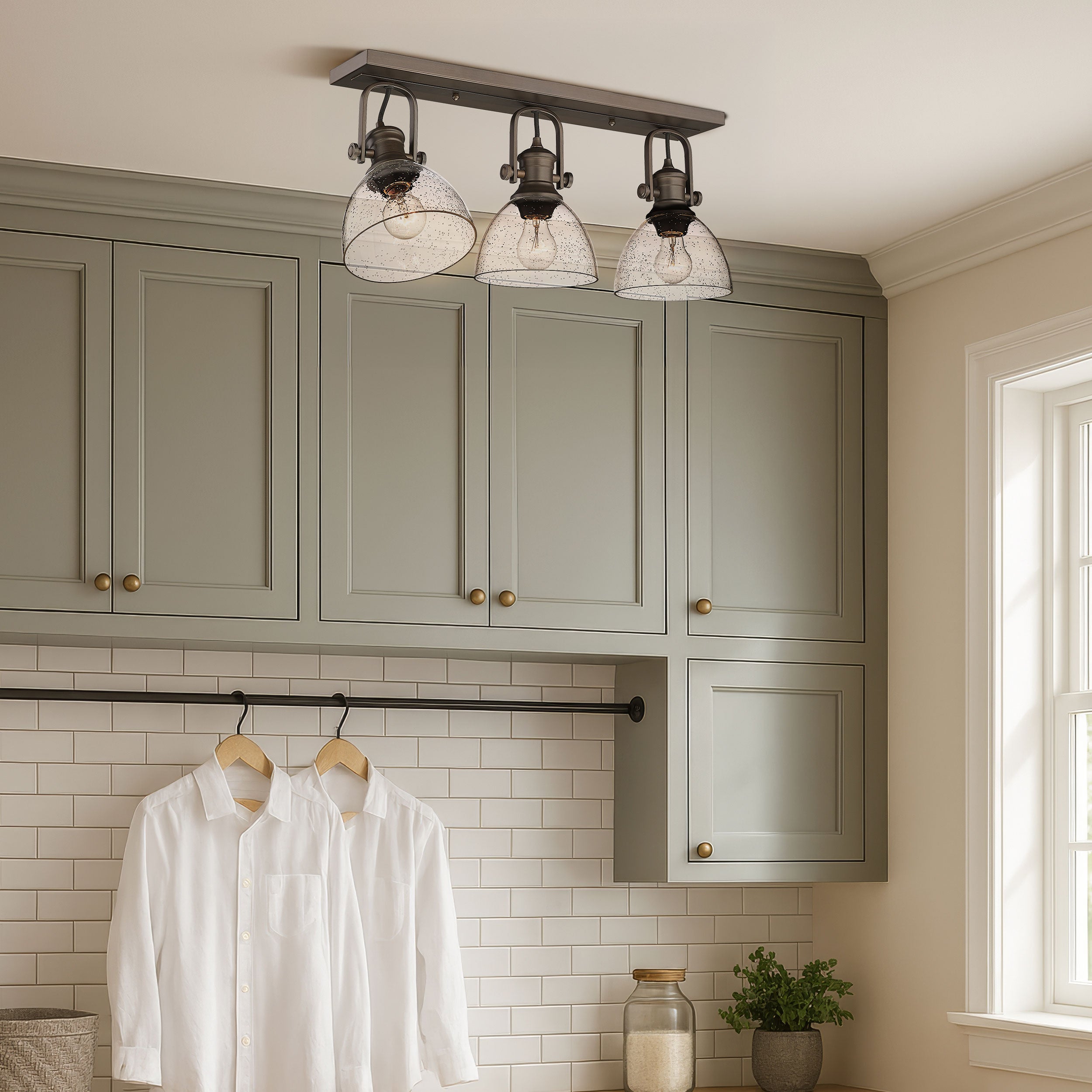 Yep by Golden Lighting Hines 3-light Semi-Flush Mount in Rubbed Bronze and Seeded Glass
