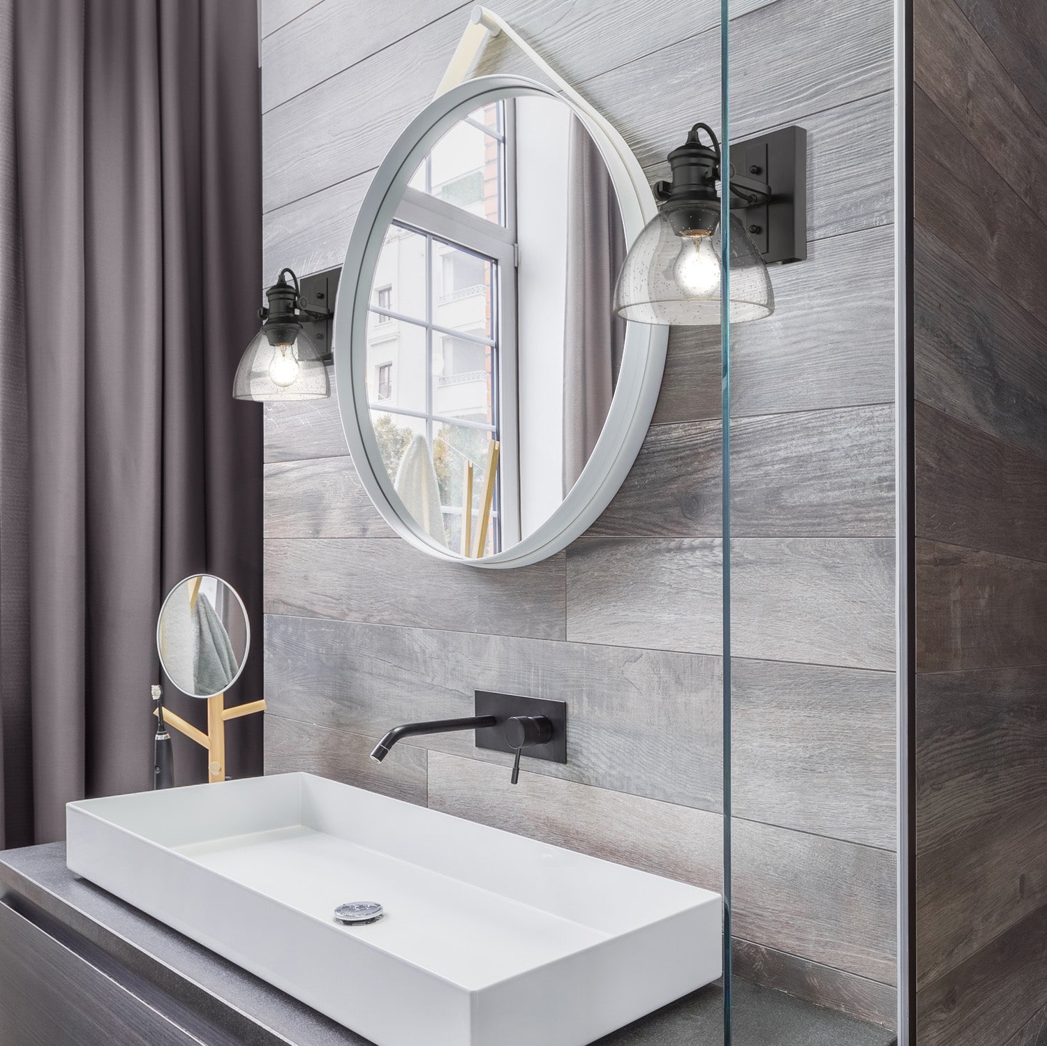 Yep by Golden Lighting Hines 1-light Vanity in Matte Black and Seeded Glass