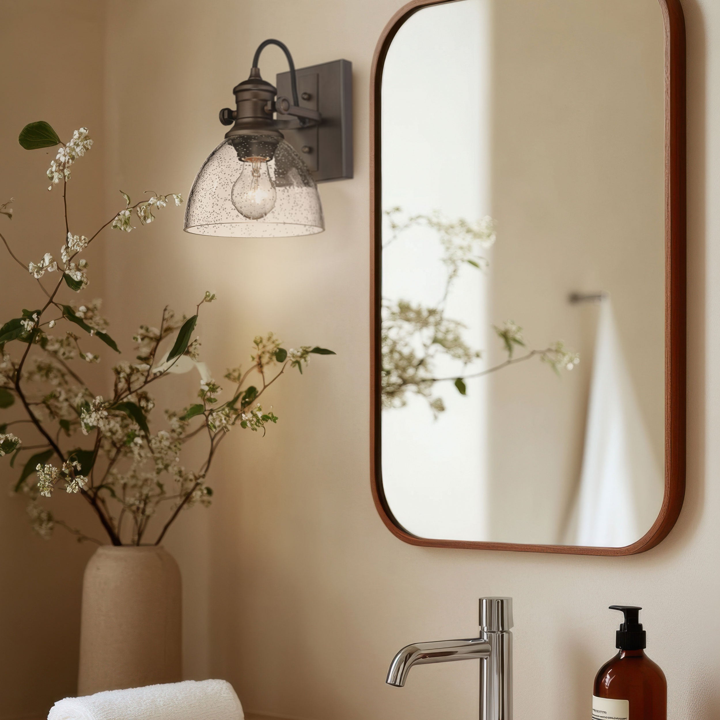 Yep by Golden Lighting Hines 1-light Vanity in Rubbed Bronze and Seeded Glass