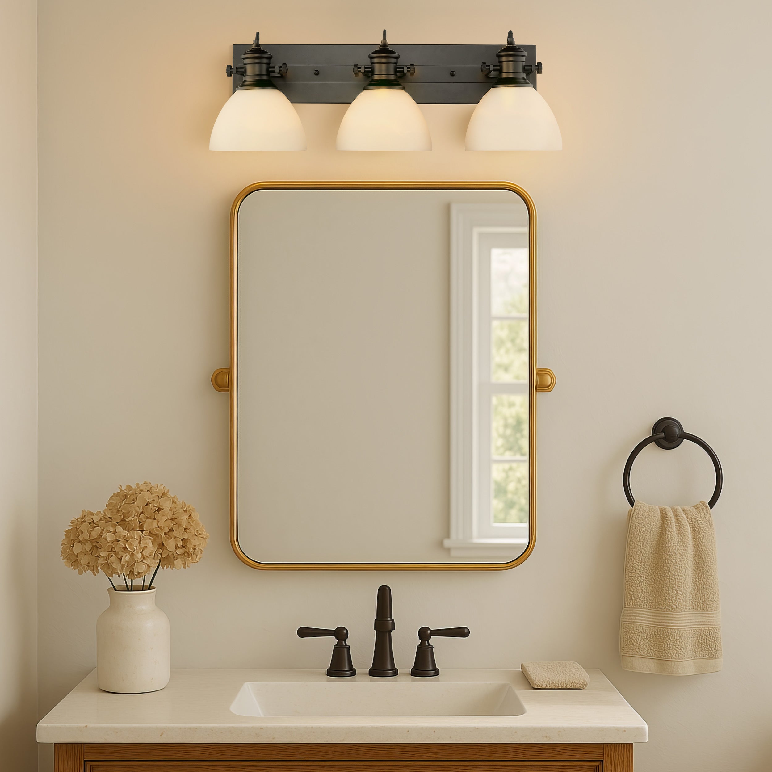 Yep by Golden Lighting Hines 3-light Vanity in Matte Black and Opal Glass