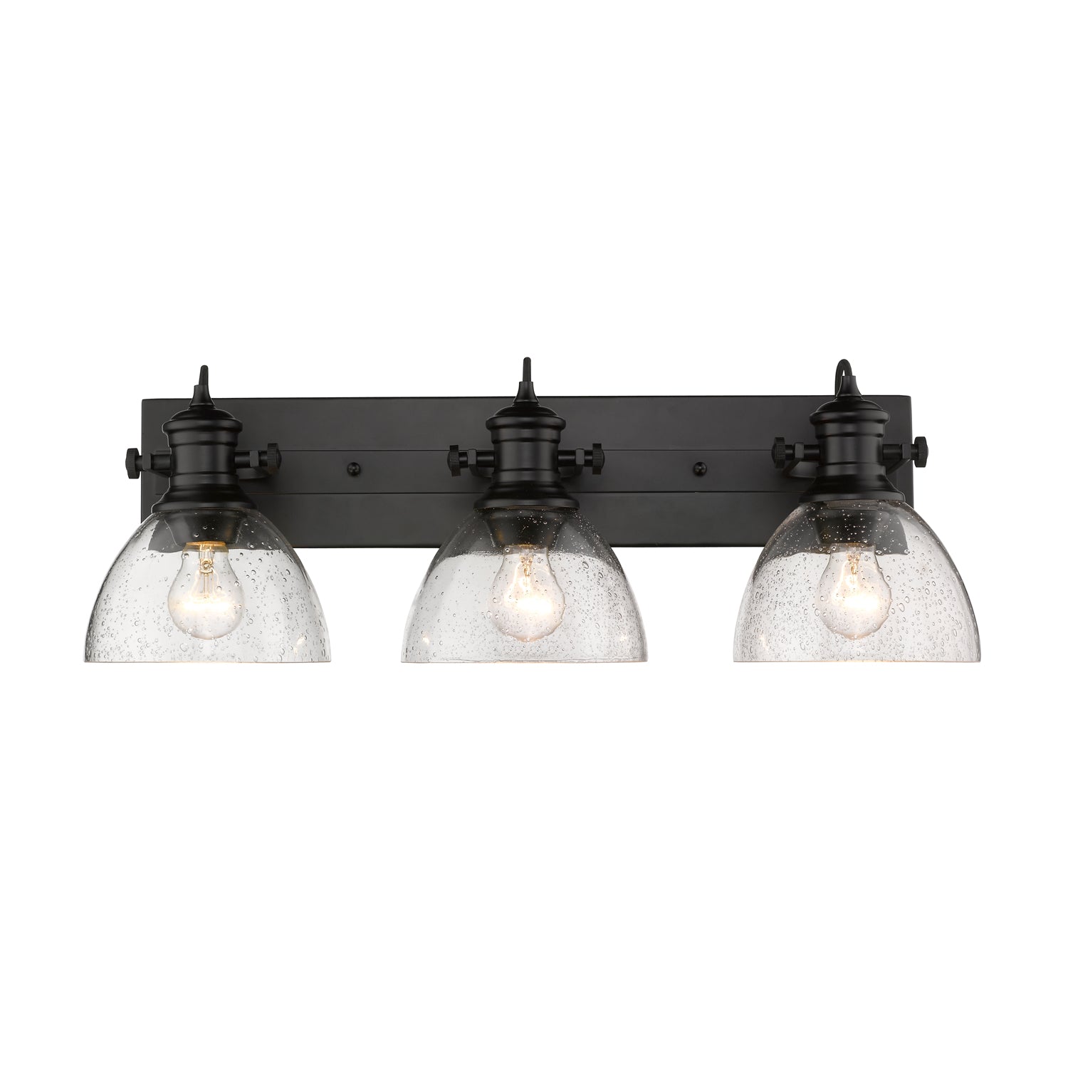 Hines 3-Light Bath Vanity in Matte Black with Seeded Glass - - Golden Lighting