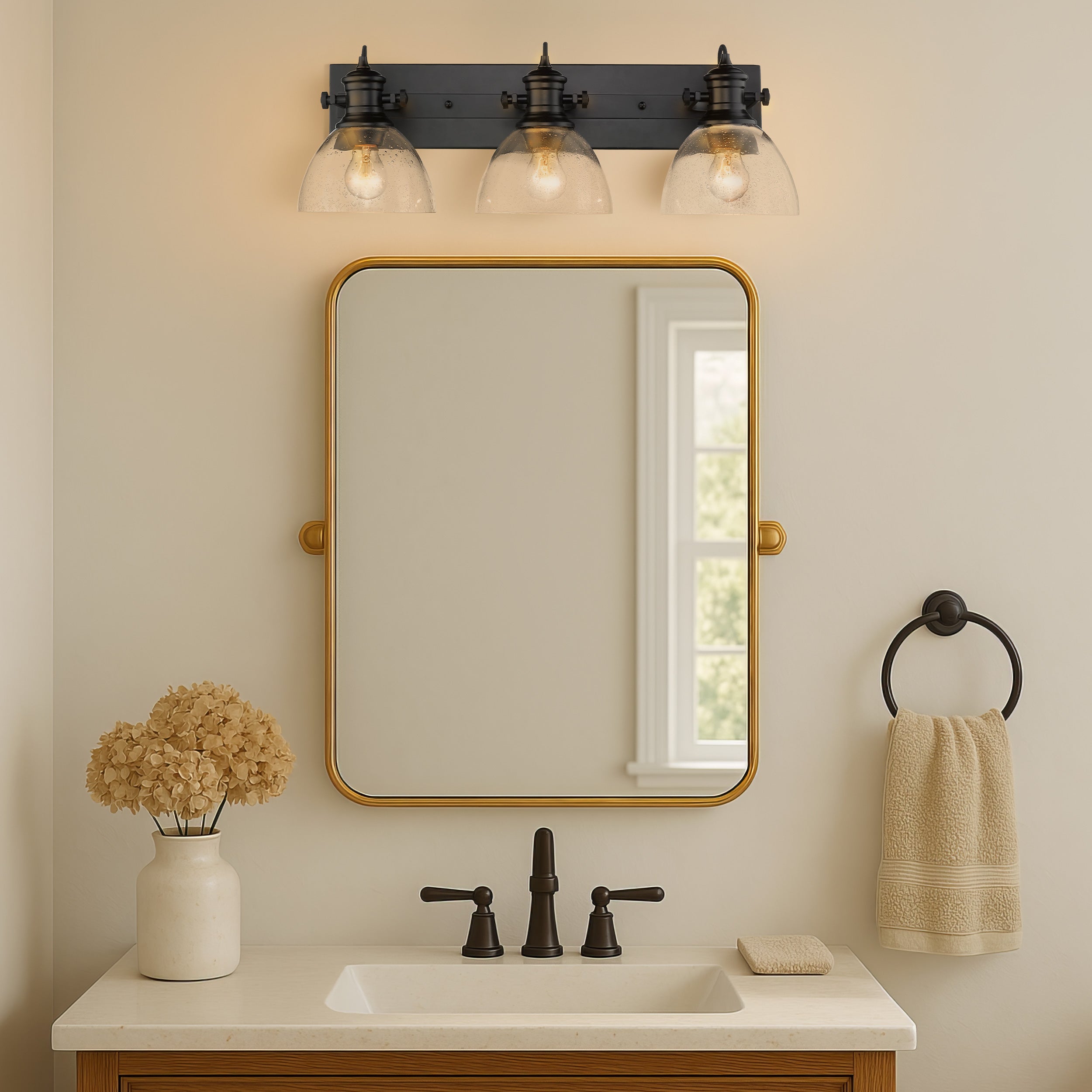 Yep by Golden Lighting Hines 3-light Vanity in Matte Black and Seeded Glass