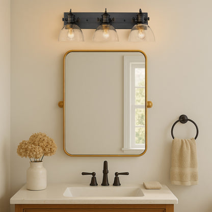 Yep by Golden Lighting Hines 3-light Vanity in Matte Black and Seeded Glass