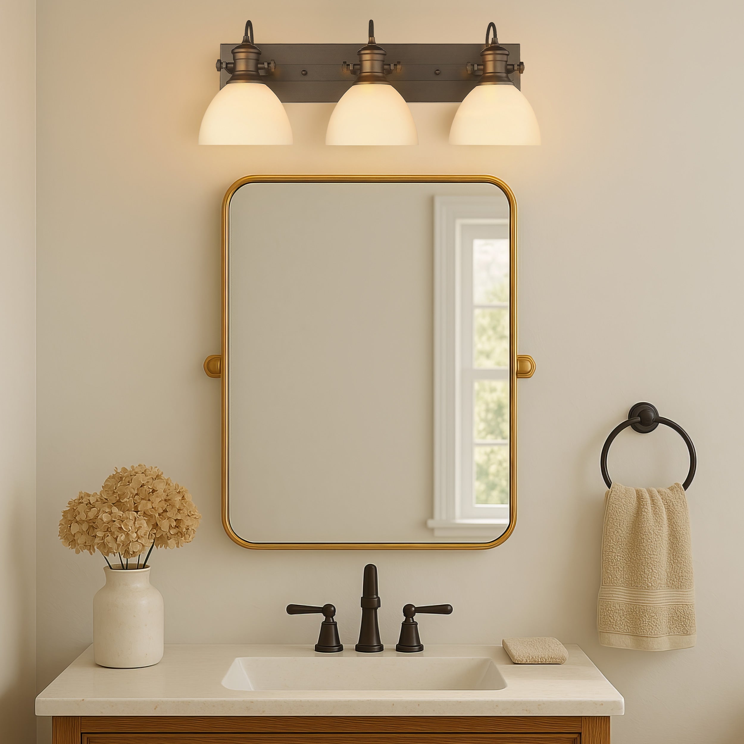 Yep by Golden Lighting Hines 3-light Vanity in Rubbed Bronze and Opal Glass