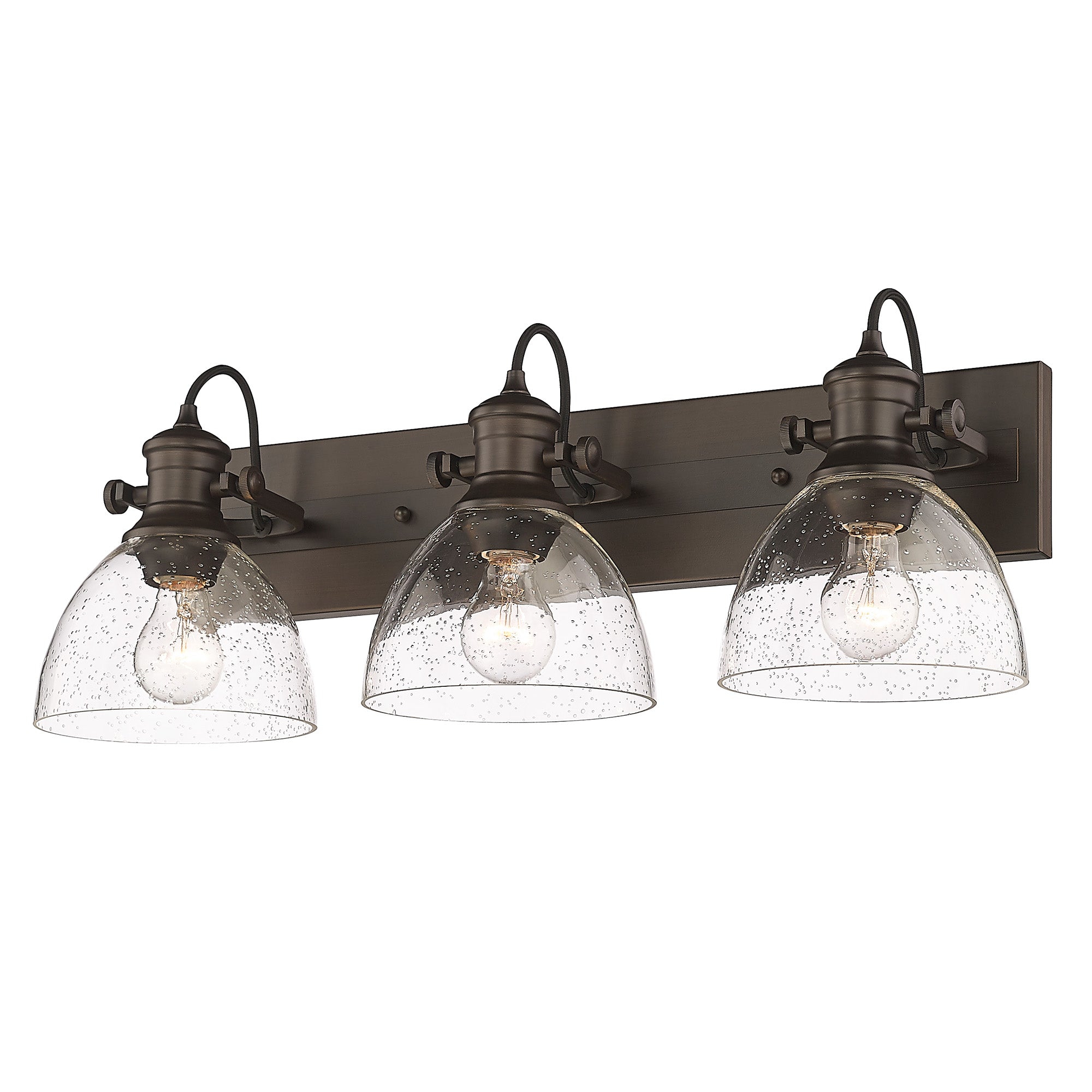 Hines 3-Light Bath Vanity in Rubbed Bronze with Seeded Glass - - Golden Lighting