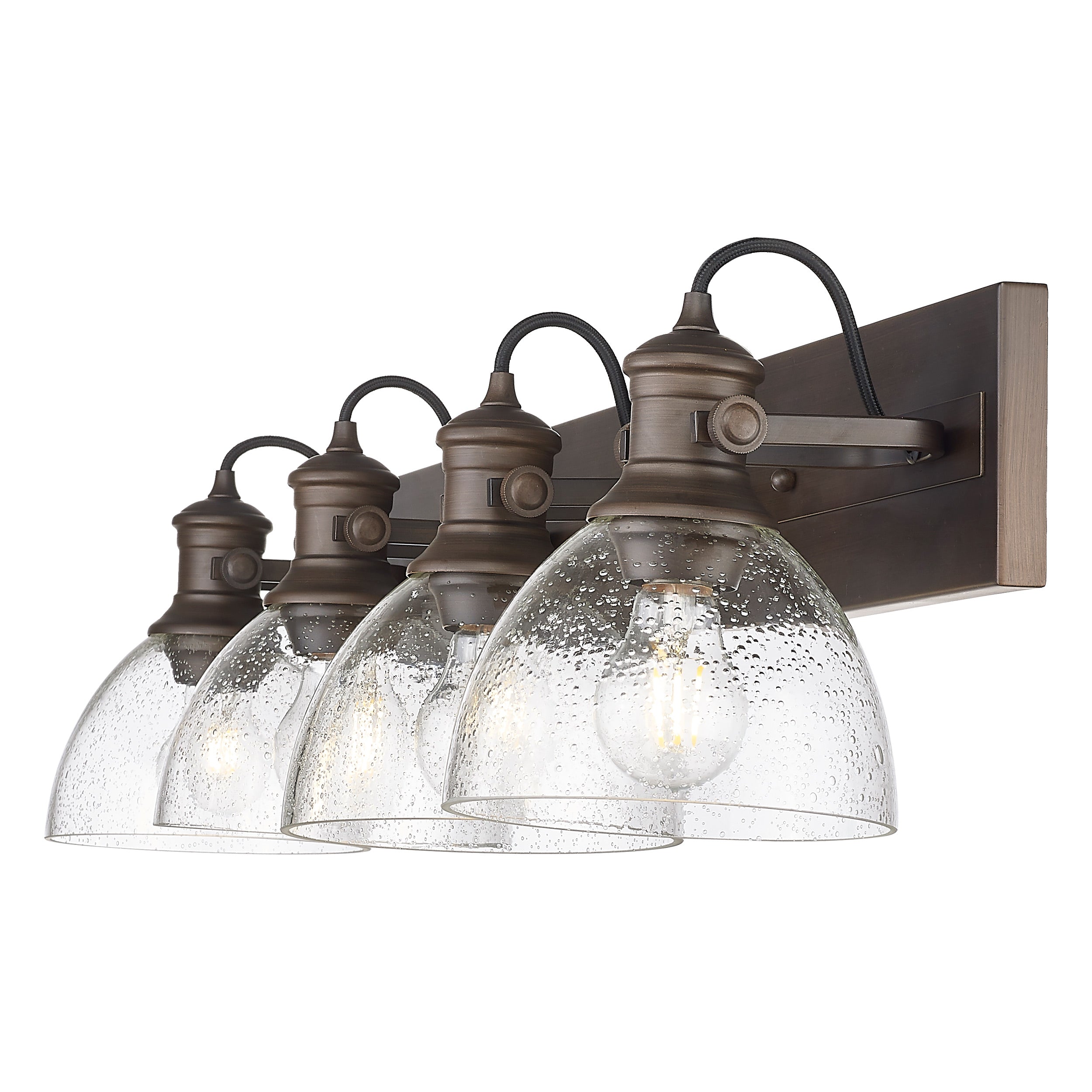 Yep by Golden Lighting Hines 4-light Vanity in Rubbed Bronze and Seeded Glass