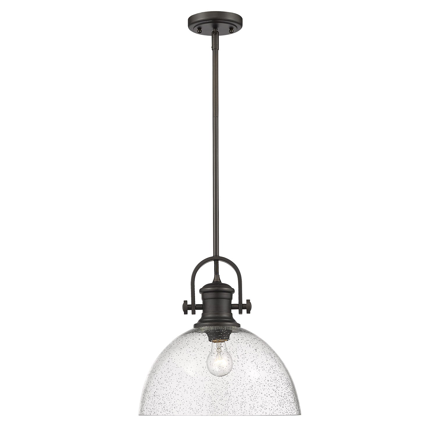 Yep by Golden Lighting Hines 1-light 14in Pendant in Rubbed Bronze and Seeded Glass - - Golden Lighting