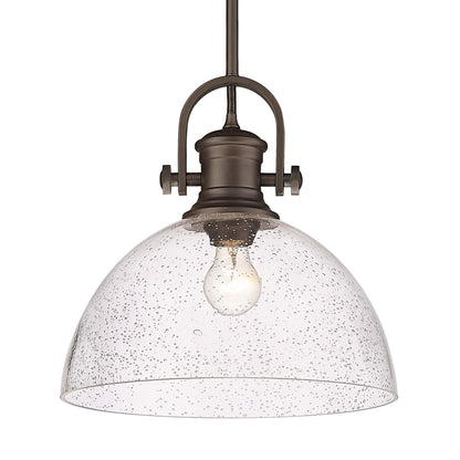 Yep by Golden Lighting Hines 1-light 14in Pendant in Rubbed Bronze and Seeded Glass - - Golden Lighting