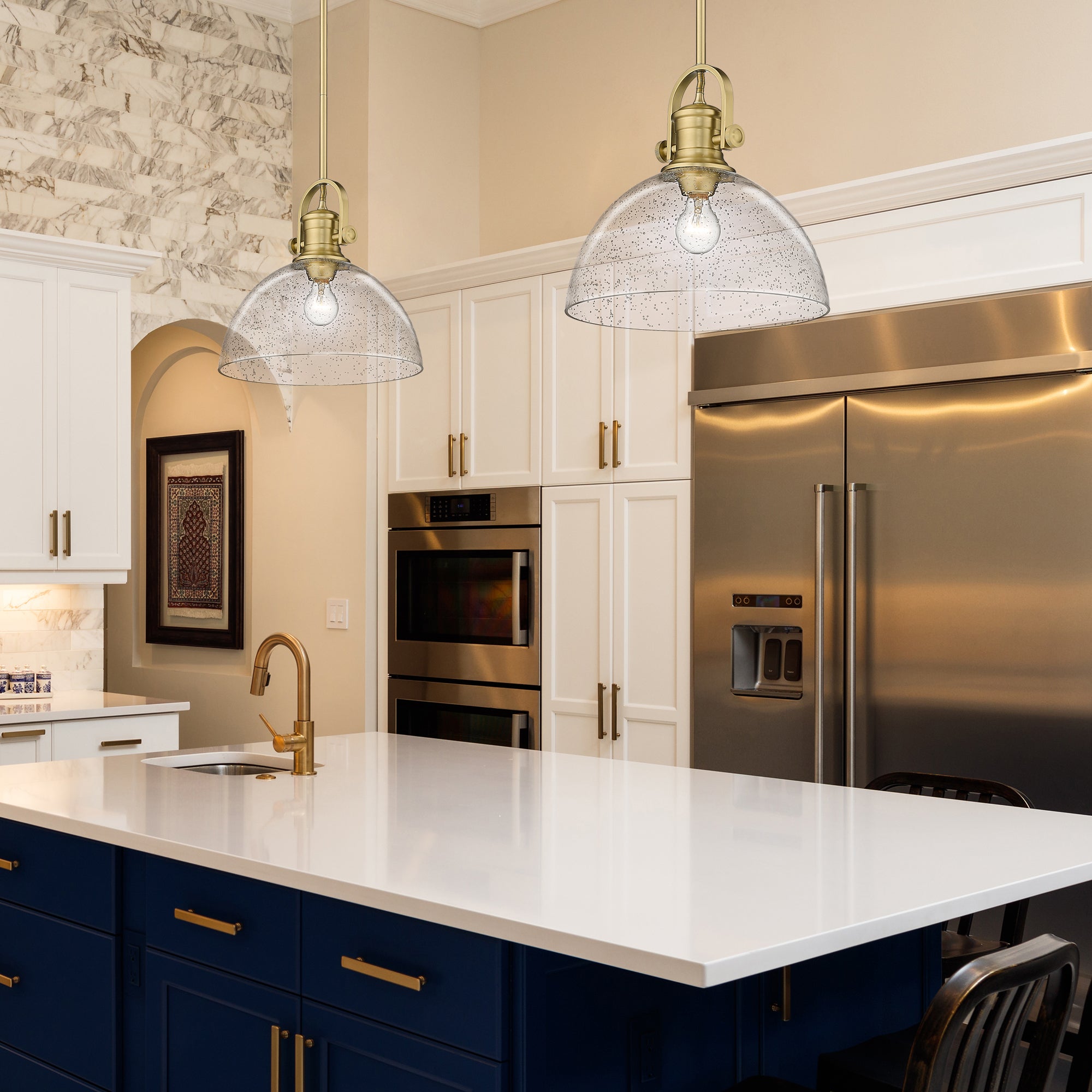 Yep by Golden Lighting Hines 1-light 14in Pendant in Brushed Champagne Brass and Seeded Glass