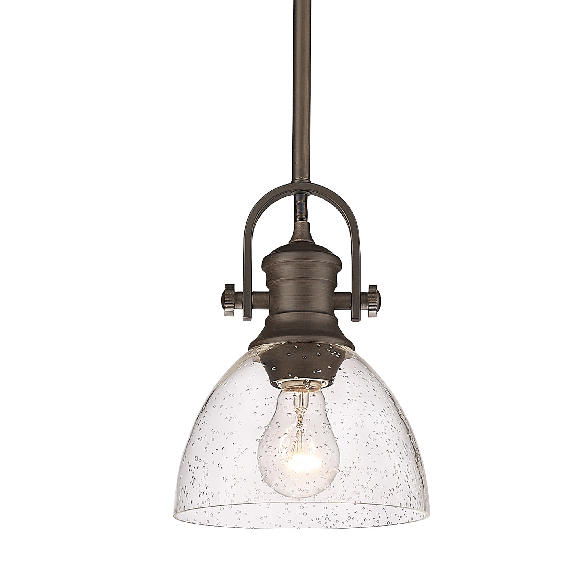 Hines Mini Pendant in Rubbed Bronze with Seeded Glass - - Golden Lighting