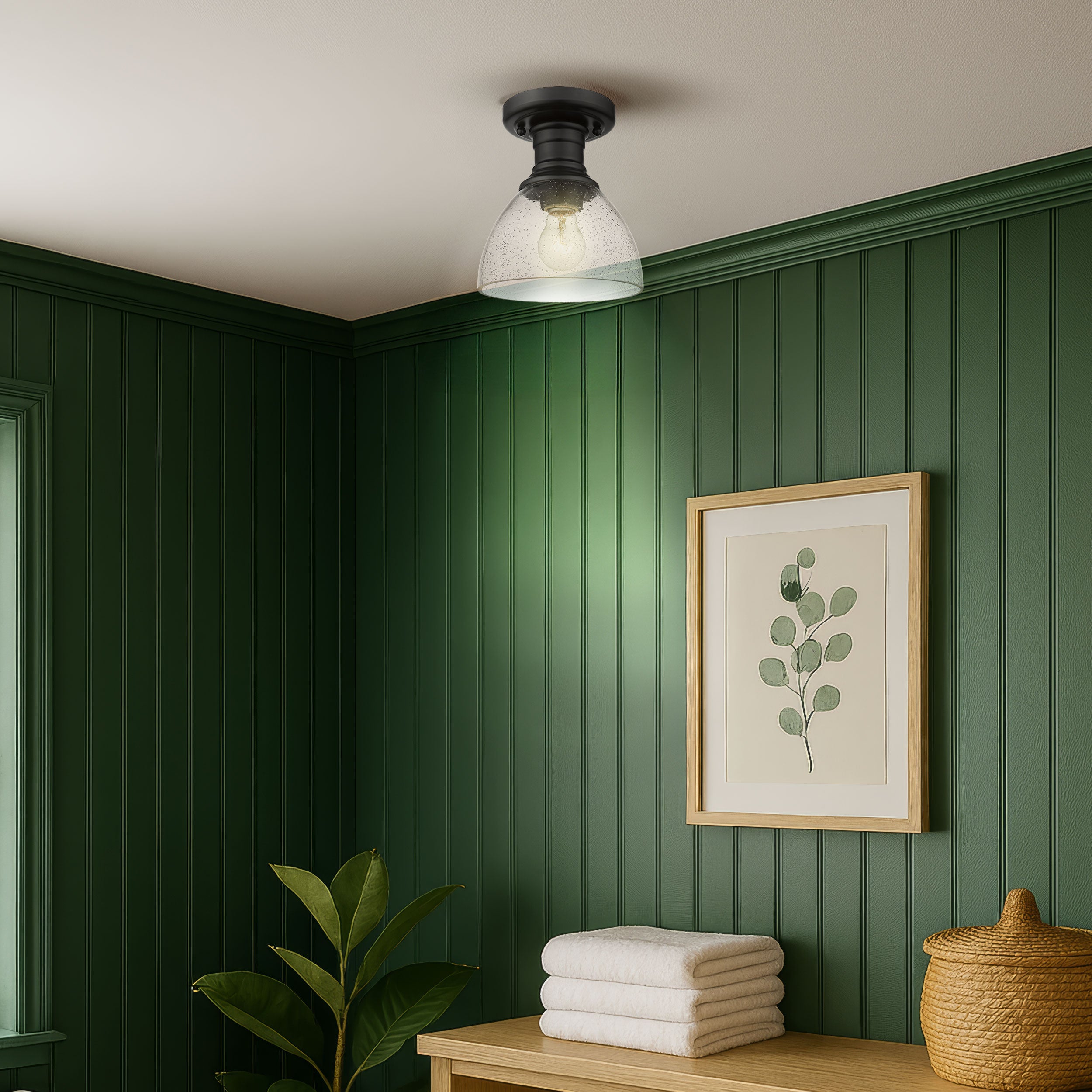 Yep by Golden Lighting Hines 1-light Semi-Flush Mount in Matte Black and Seeded Glass