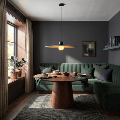 Faroe 1-light Pendant in Flecked Black/Gray, AI-visualized breakfast nook scene - Golden Lighting