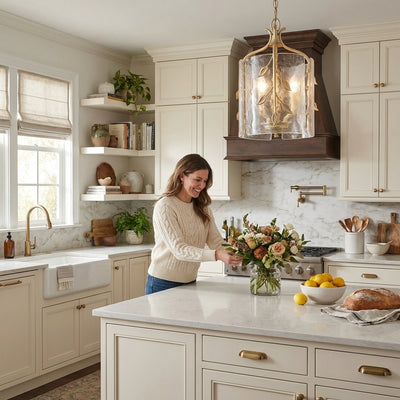 Calla 3-light Pendant in White Gold, shown in a room setting - Golden Lighting