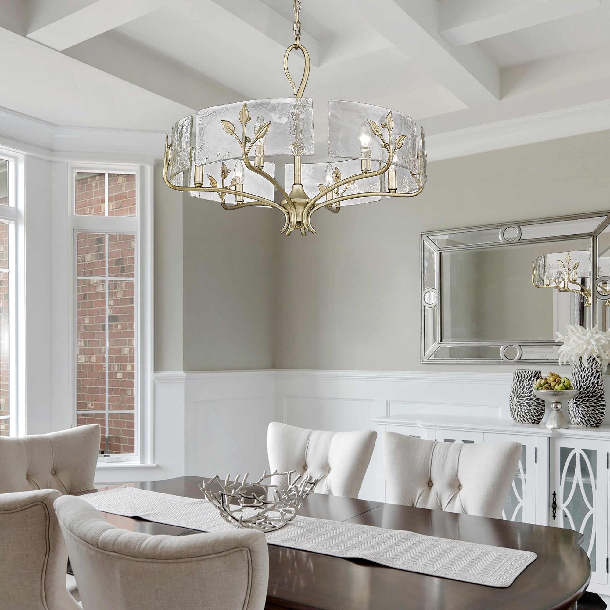 Calla WG 6 Light Chandelier in White Gold with Hammered Water Glass Shade - Default Title - Golden Lighting
