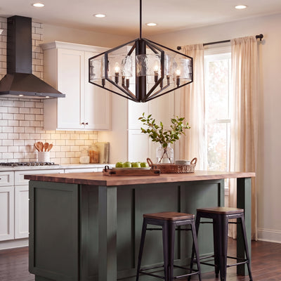 Varsha 6-light Chandelier in Matte Black, AI-visualized dining room scene - Golden Lighting