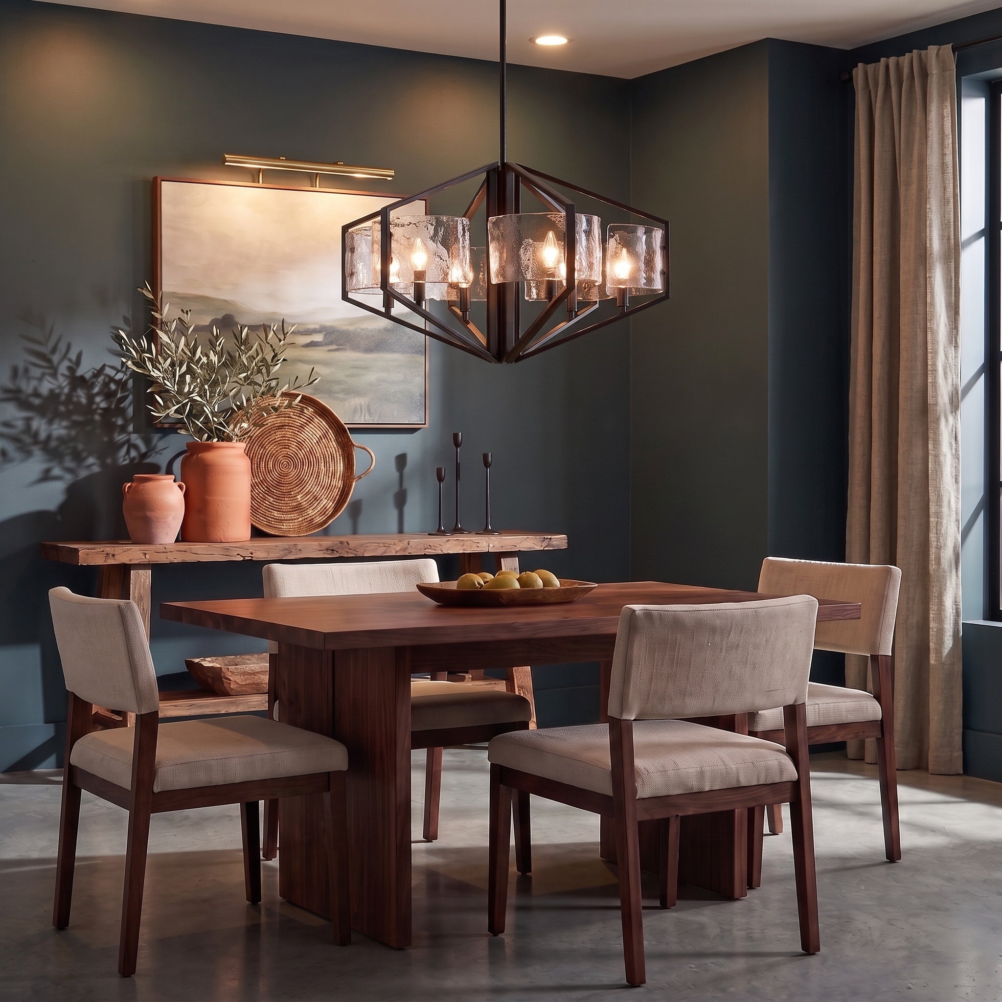 Varsha 6-light Chandelier in Matte Black, AI-visualized breakfast nook scene - Golden Lighting