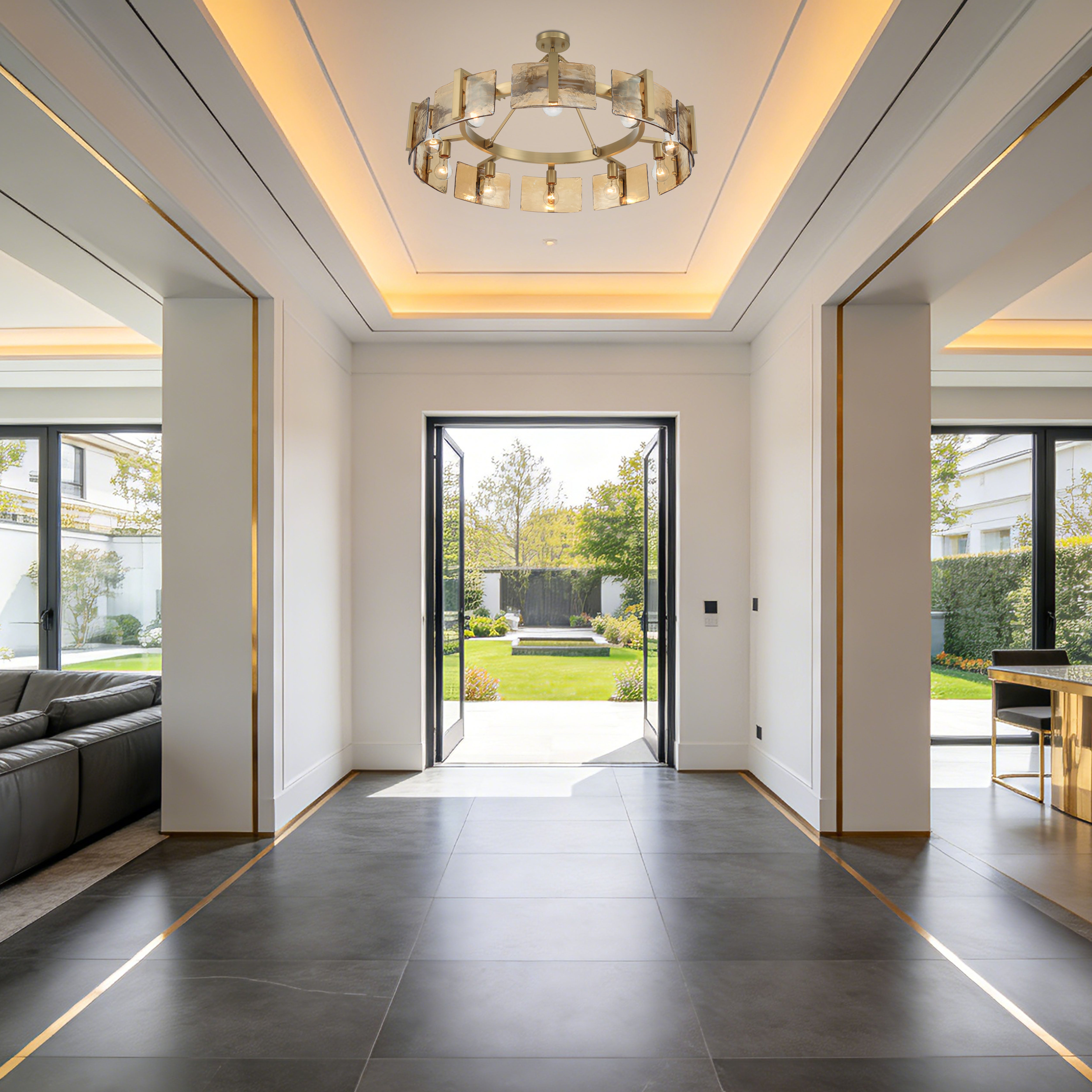 Yep by Golden Lighting Aenon 10-light Semi-Flush Mount in Brushed Champagne Brass with Amber Water Glass