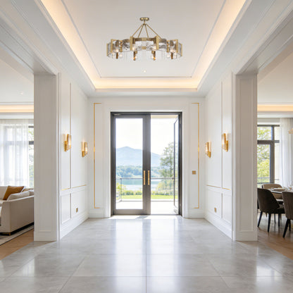 Yep by Golden Lighting Aenon 10-light Semi-Flush Mount in Brushed Champagne Brass with Hammered Water Glass