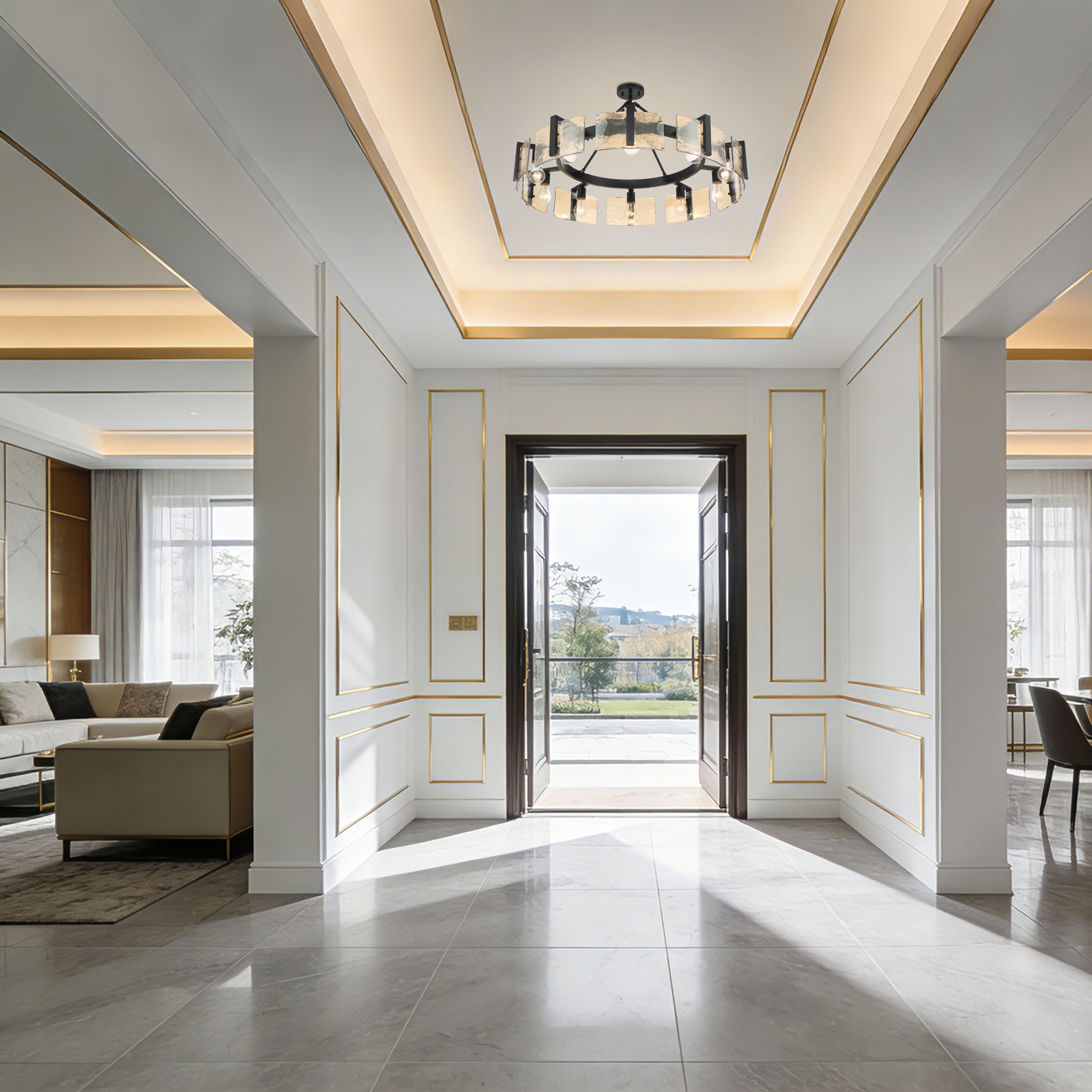 Yep by Golden Lighting Aenon 10-light Semi-Flush Mount in Matte Black with Amber Water Glass