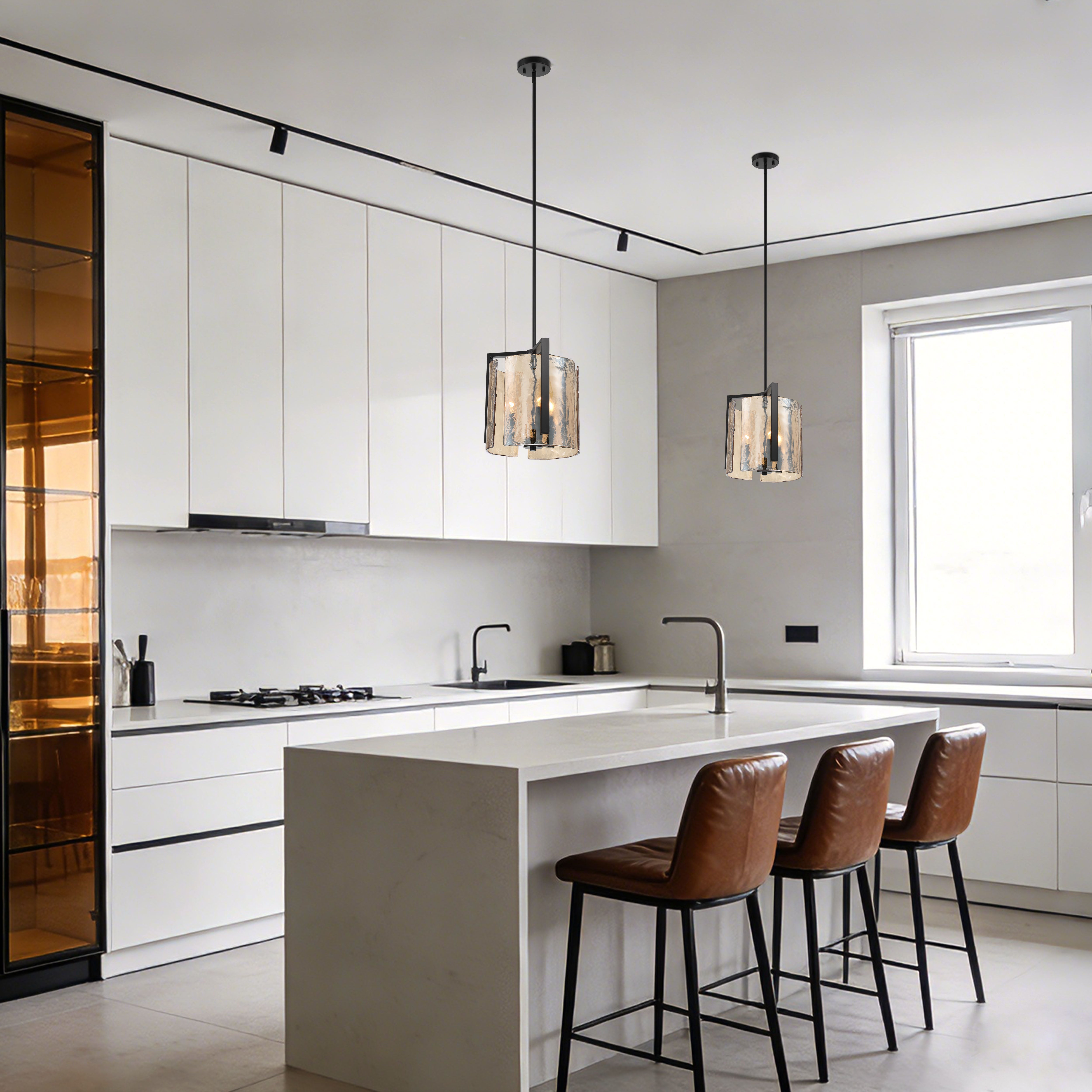 Aenon 3-light Pendant in Matte Black with Amber Water Glass - - Golden Lighting
