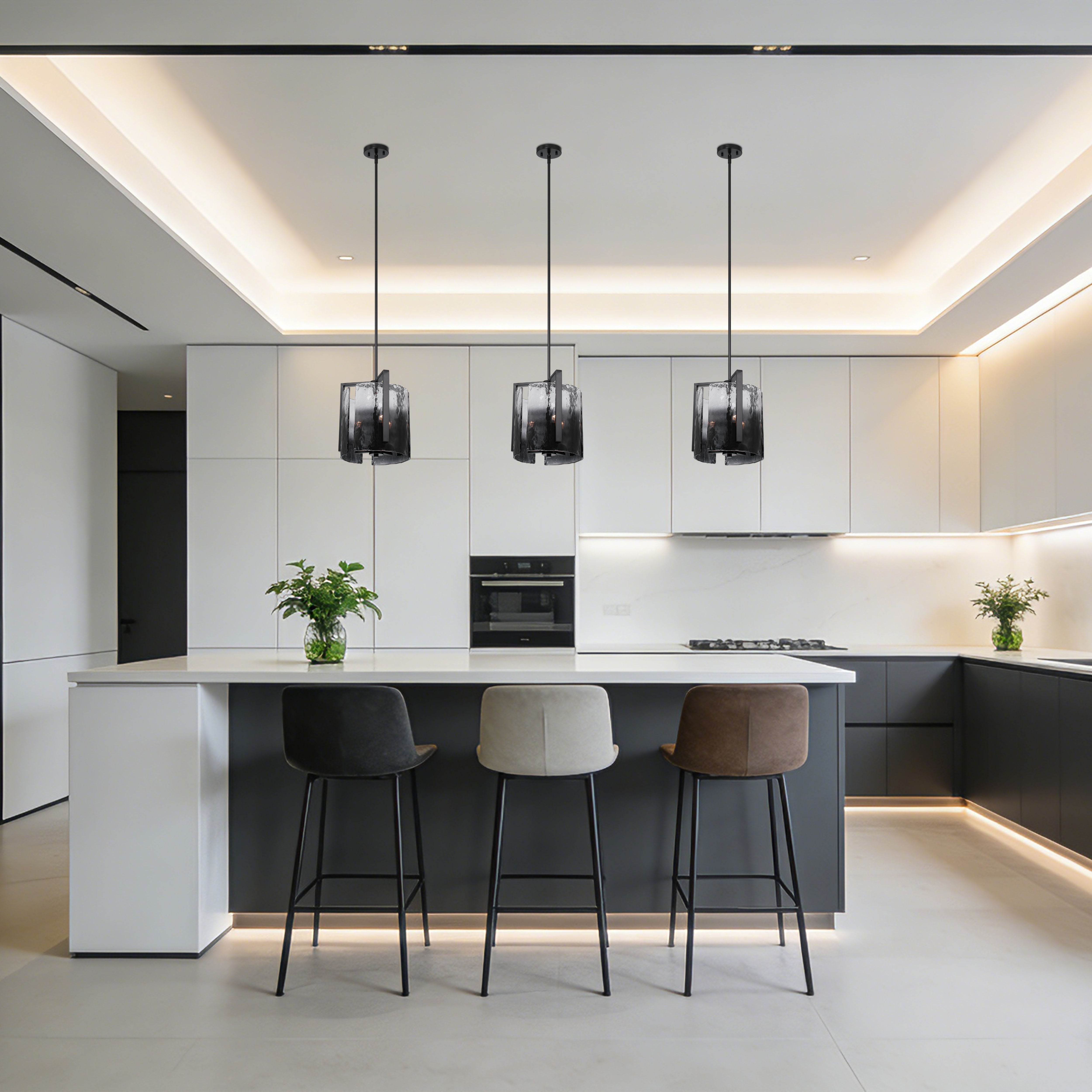 Aenon 3-light Pendant in Matte Black with Smokey Water Glass - - Golden Lighting