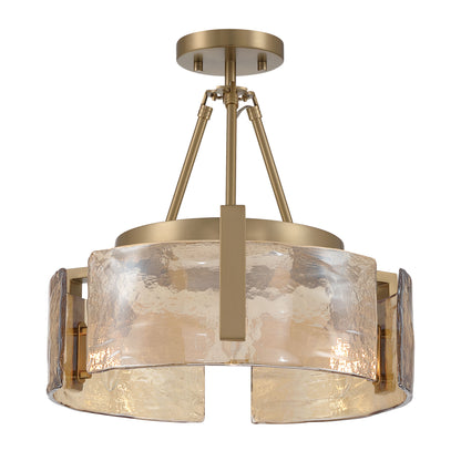 Aenon 3-light Semi-Flush Mount in Brushed Champagne Brass with Amber Water Glass - - Golden Lighting